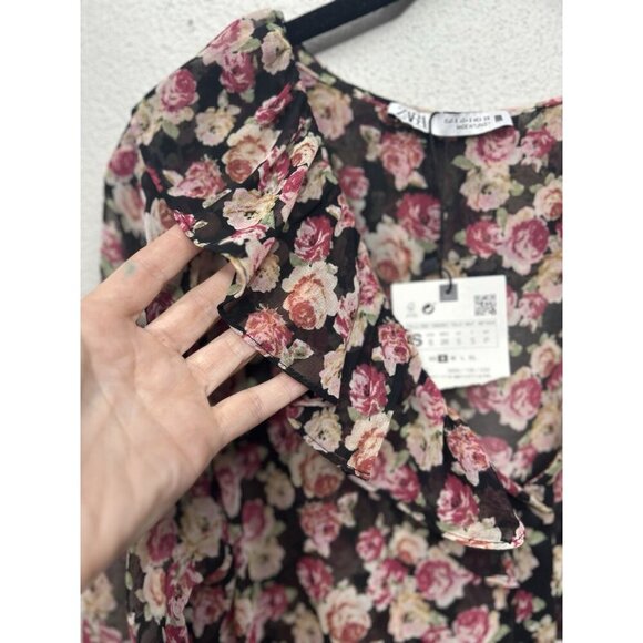 Zara Floral Mini Dress SMALL Button Front Long Sleeve Lightweight Ruffle Collar - Picture 6 of 8